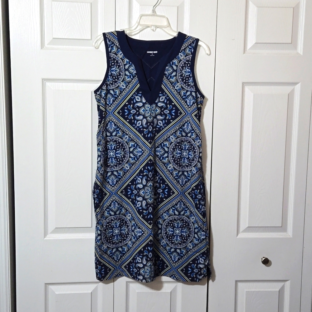 Blue Paisley Design Dress w/Pockets, Size Small, 100% Cotton, Excellent Cond